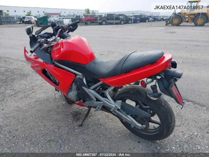 2007 Kawasaki Ex650 A VIN: JKAEXEA147A018957 Lot: 39907267