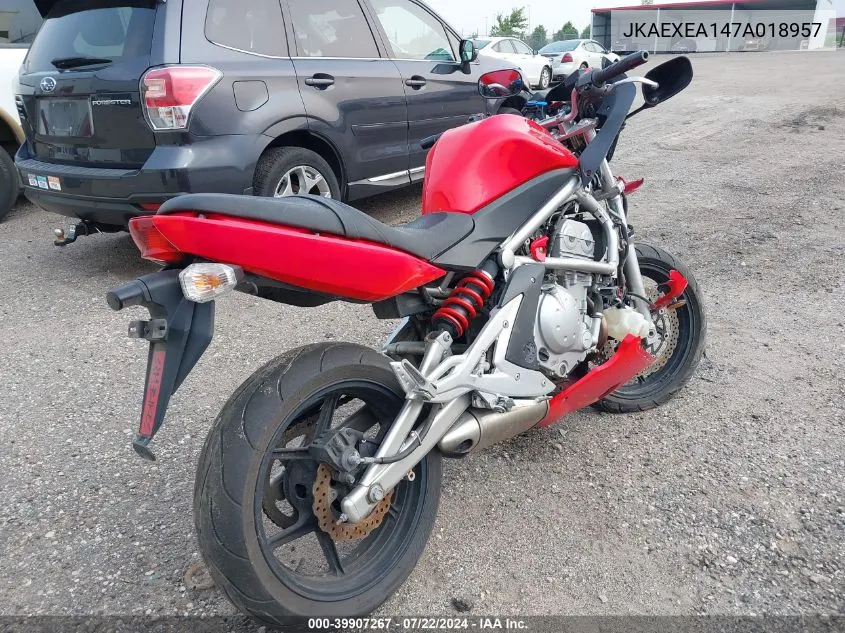 2007 Kawasaki Ex650 A VIN: JKAEXEA147A018957 Lot: 39907267