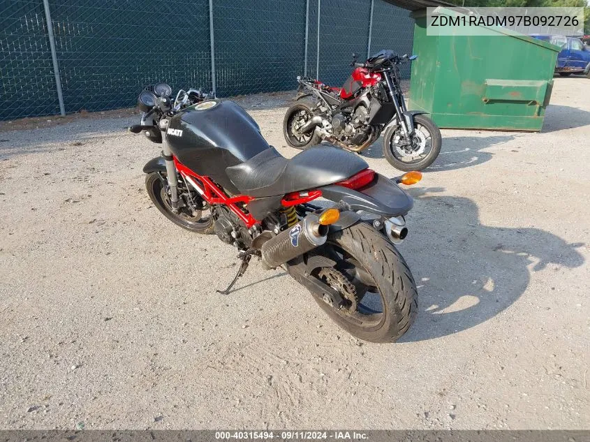 2007 Ducati Monster 695 VIN: ZDM1RADM97B092726 Lot: 40315494