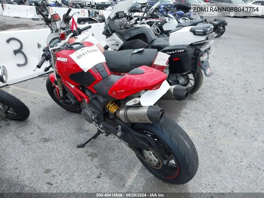 2011 Ducati Monster 796 VIN: ZDM1RANN0BB043754 Lot: 40415606