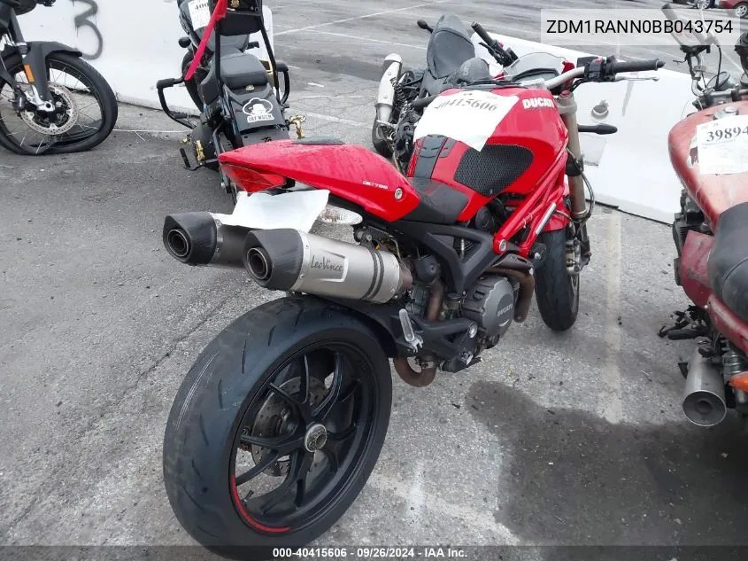 2011 Ducati Monster 796 VIN: ZDM1RANN0BB043754 Lot: 40415606