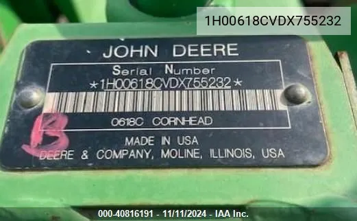 1H00618CVDX755232 2013 John Deere 618C Corn Header Only No Tlr