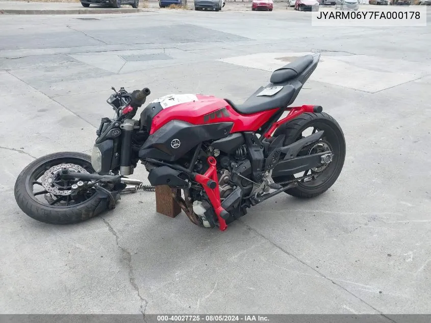 2015 Yamaha Fz07 C VIN: JYARM06Y7FA000178 Lot: 40027725