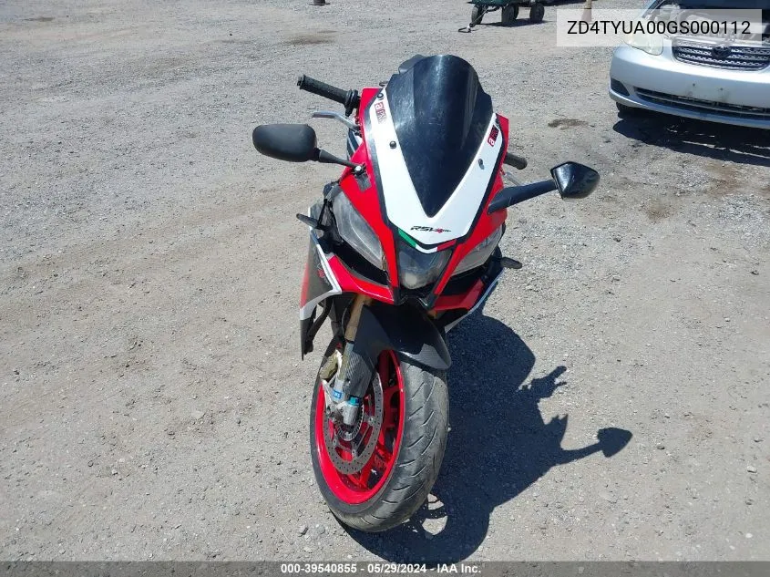 2016 Aprilia Tuono V4 1100 Abs VIN: ZD4TYUA00GS000112 Lot: 39540855