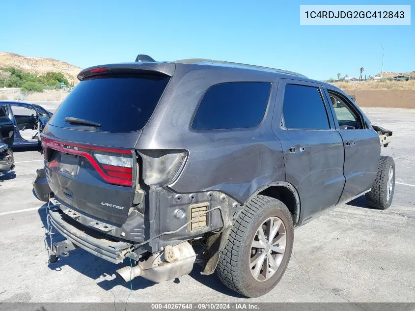 2016 Dodg Durango Limited Awd Limited VIN: 1C4RDJDG2GC412843 Lot: 40267648