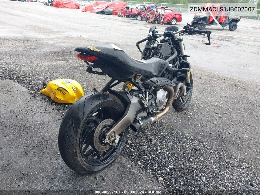 2018 Ducati Monster 821 VIN: ZDMMACLS1JB002007 Lot: 40297107