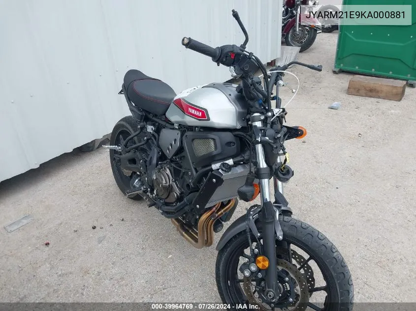 2019 Yamaha Xsr700 VIN: JYARM21E9KA000881 Lot: 39964769