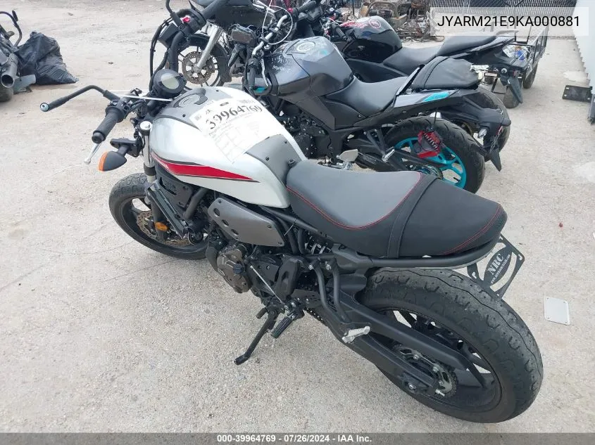 2019 Yamaha Xsr700 VIN: JYARM21E9KA000881 Lot: 39964769