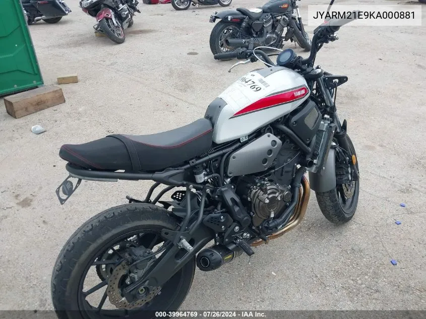 2019 Yamaha Xsr700 VIN: JYARM21E9KA000881 Lot: 39964769