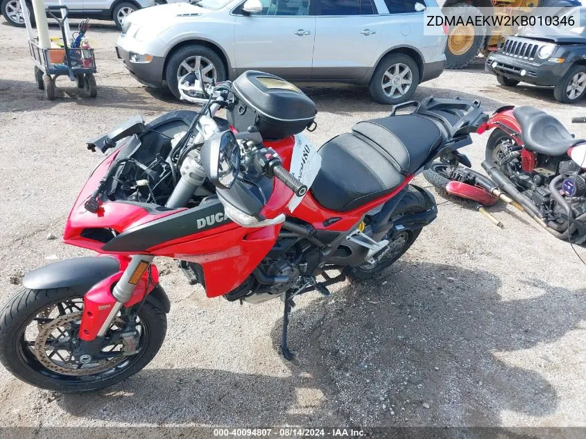 2019 Ducati Multistrada 1260/1260 S/1260 S Dlair/1260 Pikes Peak VIN: ZDMAAEKW2KB010346 Lot: 40094807