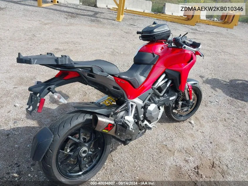 2019 Ducati Multistrada 1260/1260 S/1260 S Dlair/1260 Pikes Peak VIN: ZDMAAEKW2KB010346 Lot: 40094807