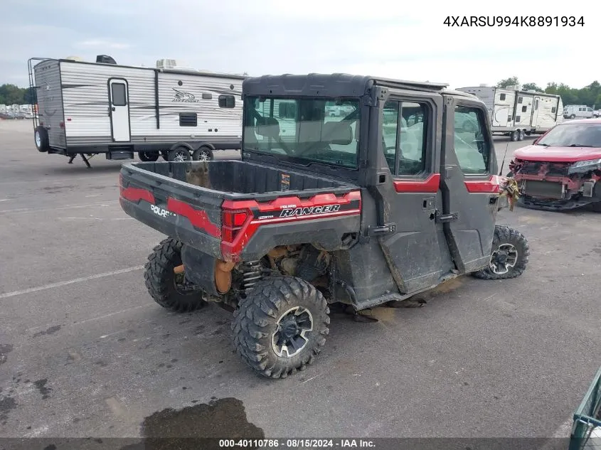 2019 Polaris Ranger Crew Xp 1000 Eps Northstar Edition VIN: 4XARSU994K8891934 Lot: 40110786