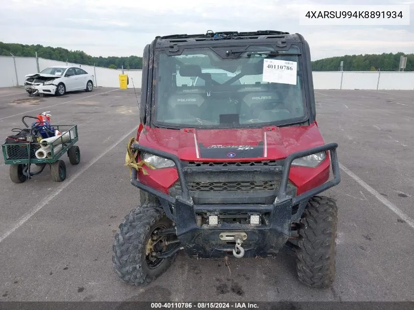 2019 Polaris Ranger Crew Xp 1000 Eps Northstar Edition VIN: 4XARSU994K8891934 Lot: 40110786