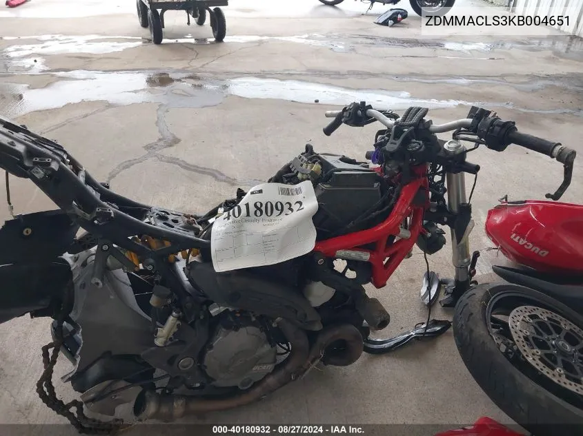 2019 Ducati Monster 821 VIN: ZDMMACLS3KB004651 Lot: 40180932