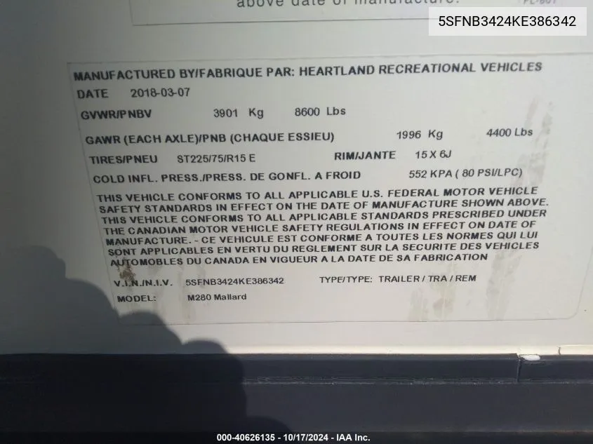 2019 Heartland Mallarm280 VIN: 5SFNB3424KE386342 Lot: 40626135