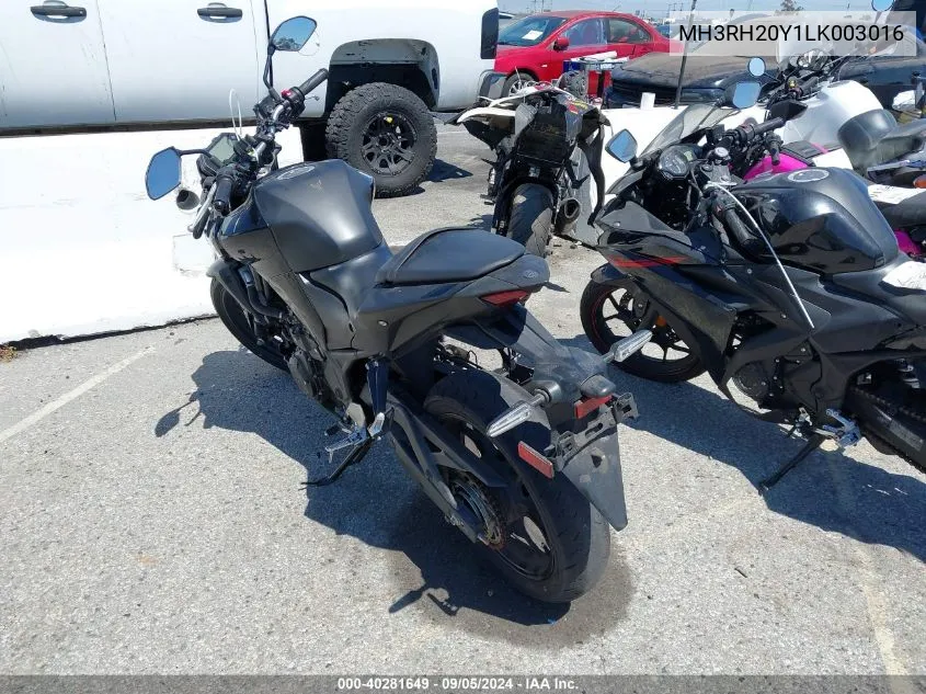 2020 Yamaha Mt-03 VIN: MH3RH20Y1LK003016 Lot: 40281649