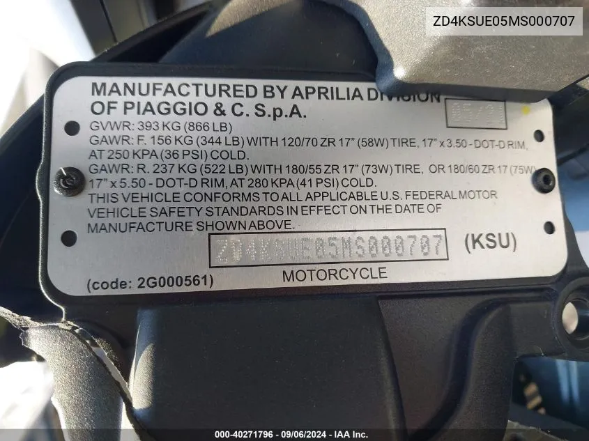 2021 Aprilia Tuono 660 VIN: ZD4KSUE05MS000707 Lot: 40271796