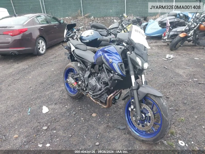 2021 Yamaha Mt07 VIN: JYARM32E0MA001408 Lot: 40434126