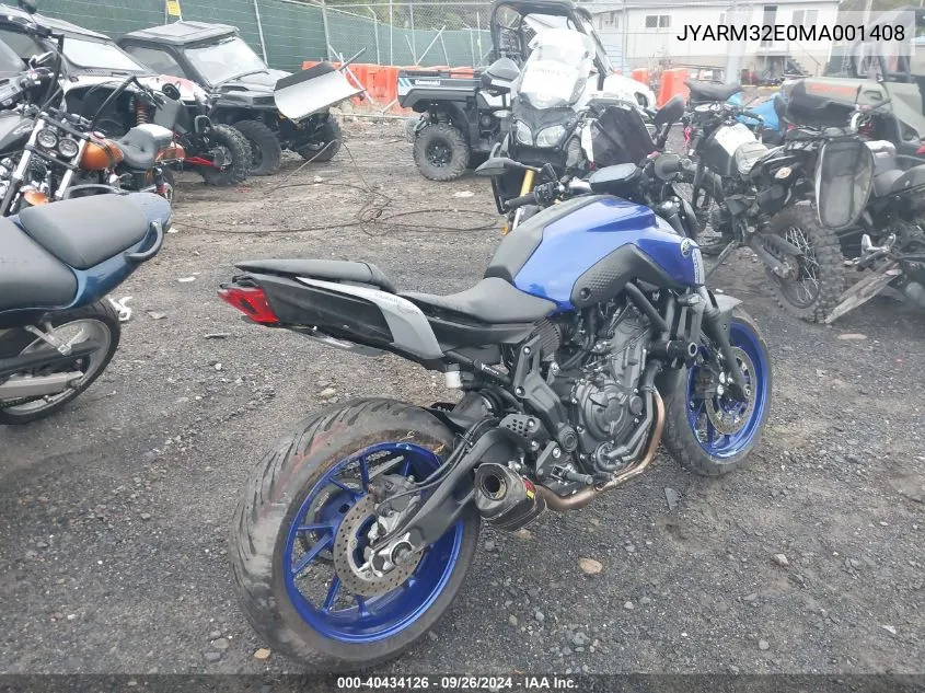 2021 Yamaha Mt07 VIN: JYARM32E0MA001408 Lot: 40434126