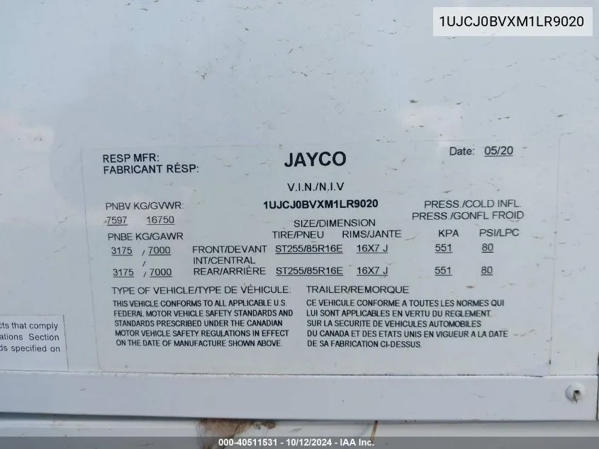 1UJCJ0BVXM1LR9020 2021 Jayco North Point