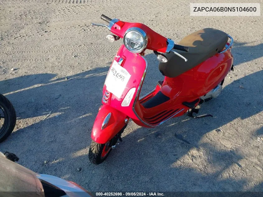 2022 Vespa Primavera/Sprint 50 VIN: ZAPCA06B0N5104600 Lot: 40252698