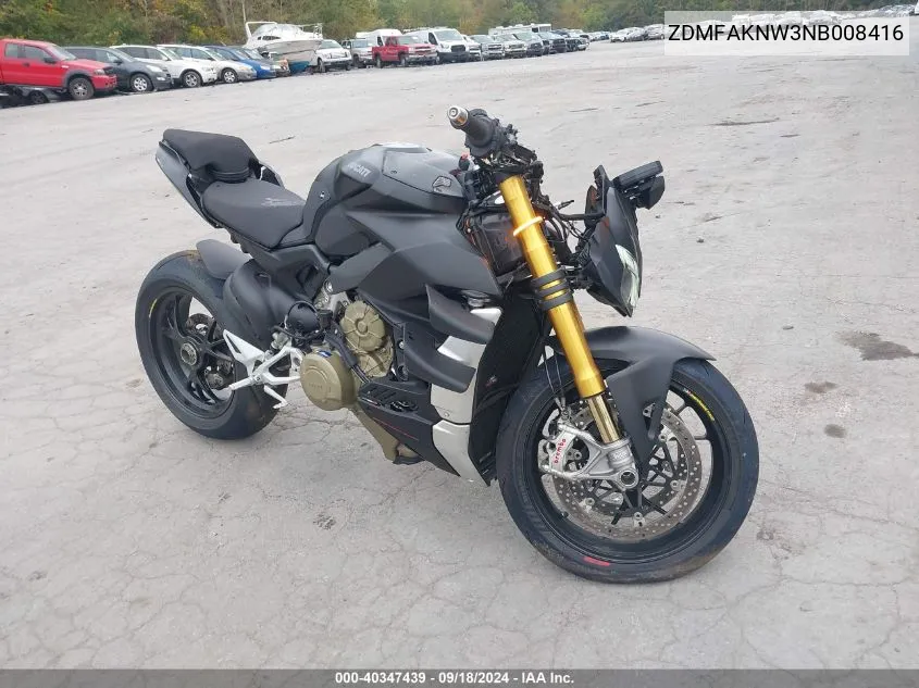 2022 Ducati Streetfighter V4/V4S VIN: ZDMFAKNW3NB008416 Lot: 40347439