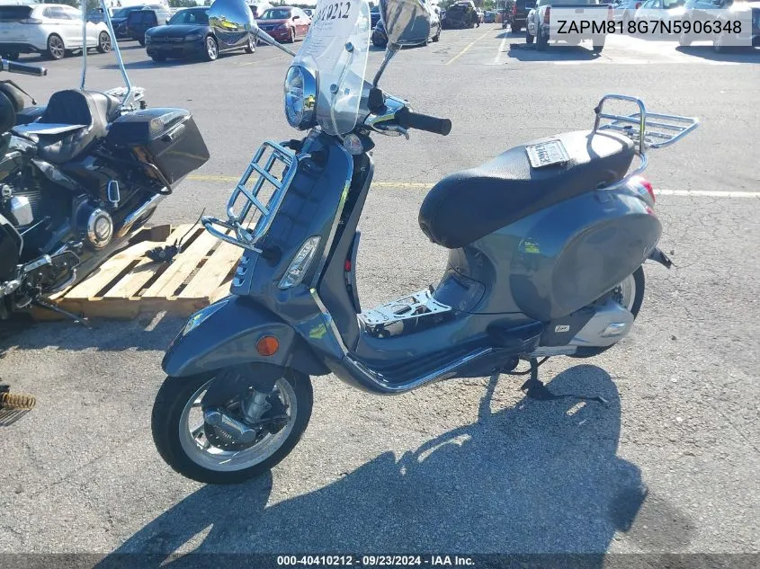 2022 Vespa Primavera/Sprint 150 VIN: ZAPM818G7N5906348 Lot: 40410212