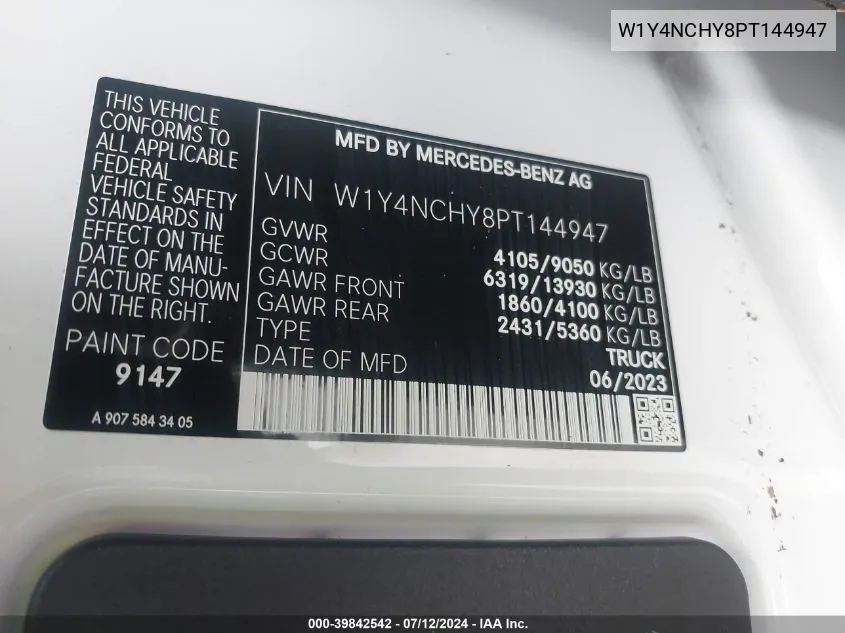 2023 Mercedes Benz Sprinter 2500 VIN: W1Y4NCHY8PT144947 Lot: 39842542