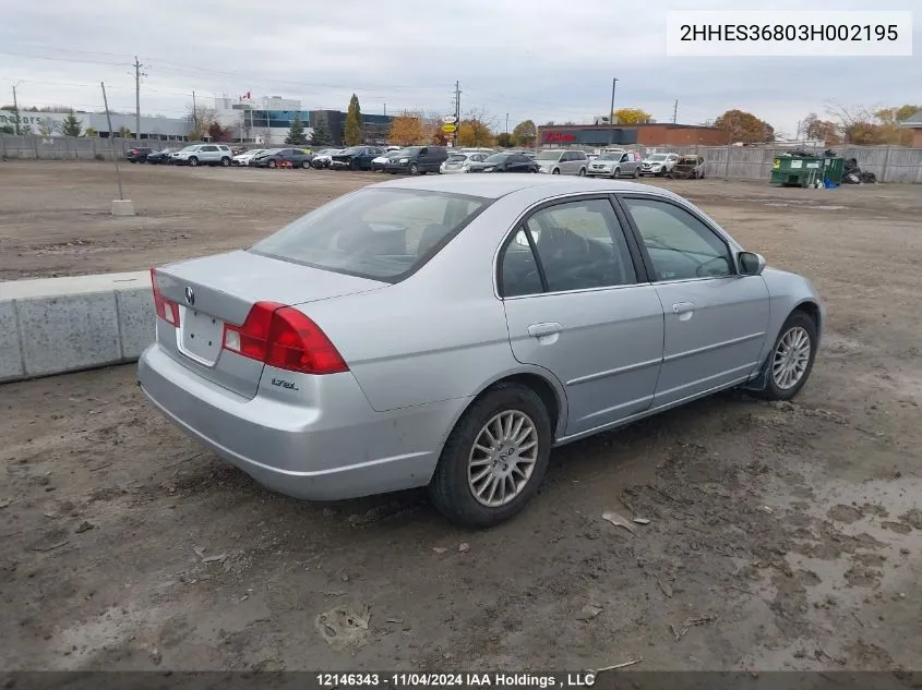 2003 Acura El VIN: 2HHES36803H002195 Lot: 12146343