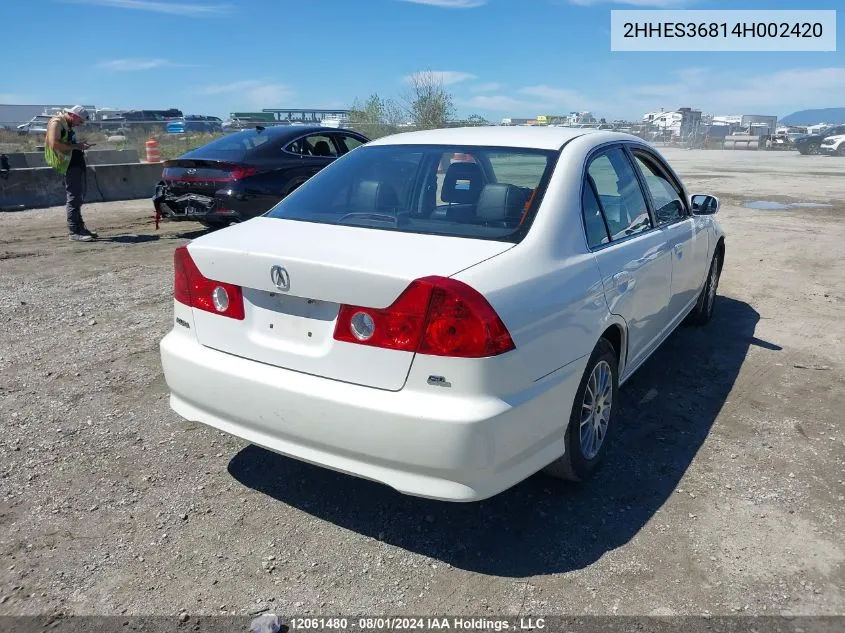 2004 Acura 1.7El Premium VIN: 2HHES36814H002420 Lot: 12061480