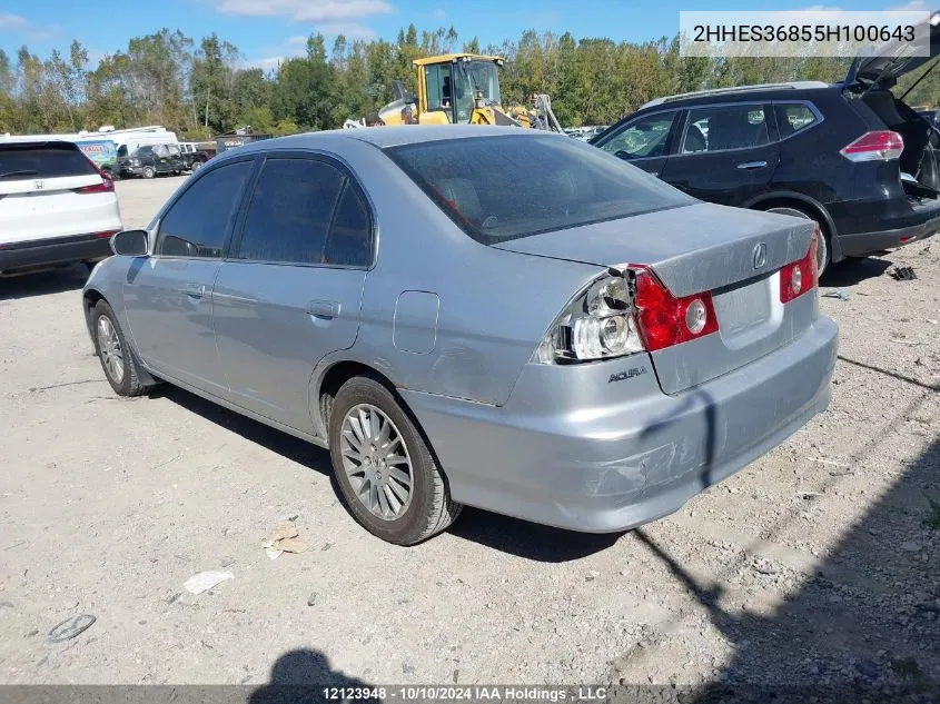 2005 Acura El VIN: 2HHES36855H100643 Lot: 12123948