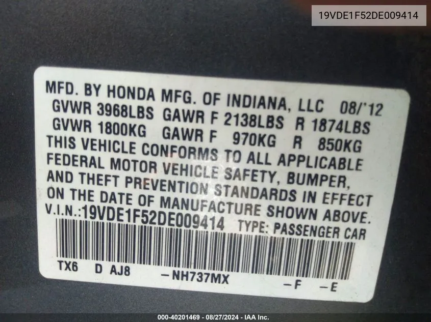 2013 Acura Ilx 2.0L VIN: 19VDE1F52DE009414 Lot: 40201469