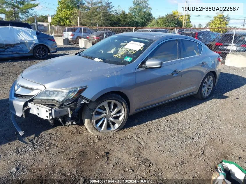 2016 Acura Ilx 2.4L/Acurawatch Plus Package VIN: 19UDE2F38GA022687 Lot: 40571644