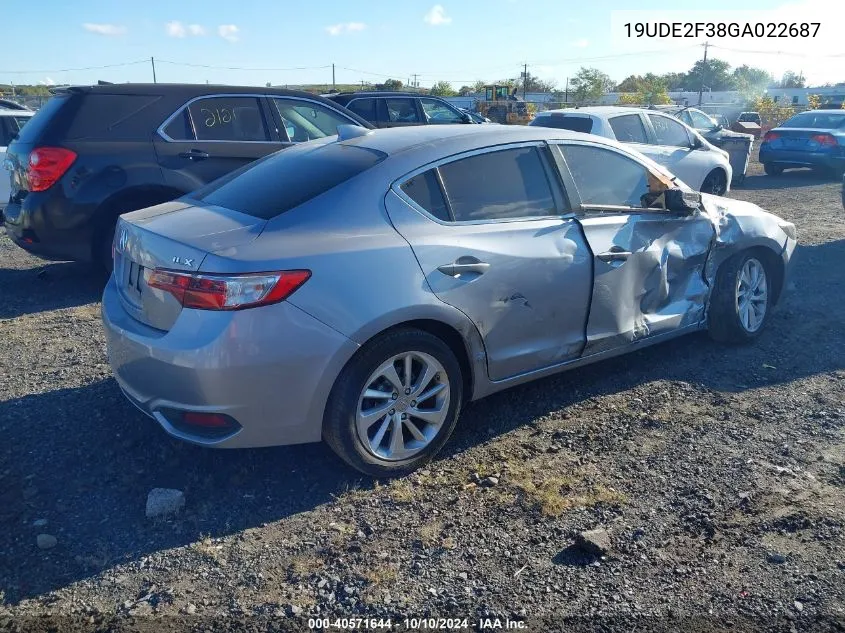 2016 Acura Ilx 2.4L/Acurawatch Plus Package VIN: 19UDE2F38GA022687 Lot: 40571644