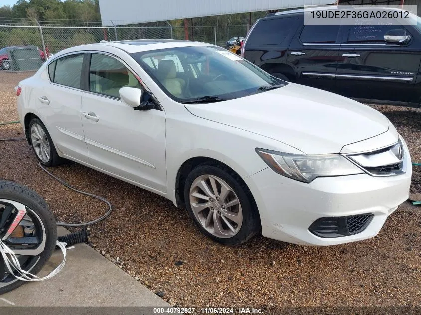 2016 Acura Ilx 2.4L/Acurawatch Plus Package VIN: 19UDE2F36GA026012 Lot: 40792827