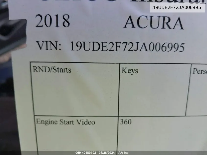 2018 Acura Ilx Premium Package/Technology Plus Package VIN: 19UDE2F72JA006995 Lot: 40180102