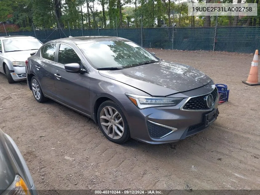 2020 Acura Ilx VIN: 19UDE2F31LA002758 Lot: 40310244