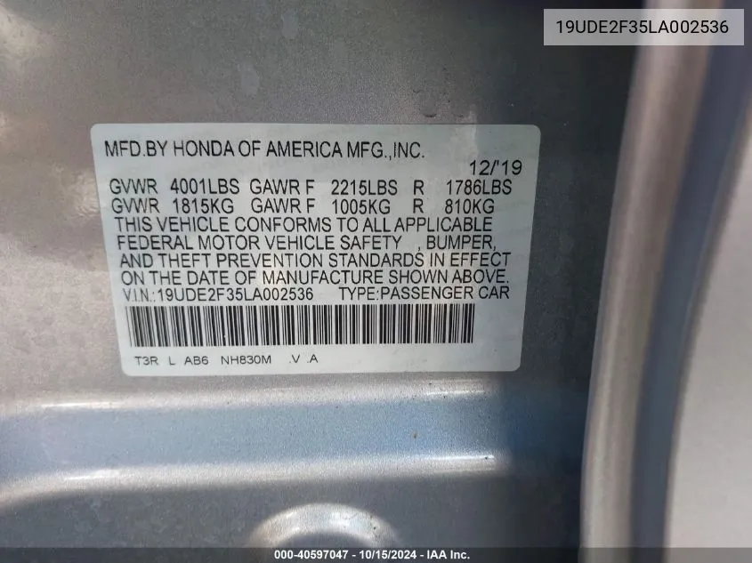 2020 Acura Ilx Standard VIN: 19UDE2F35LA002536 Lot: 40597047