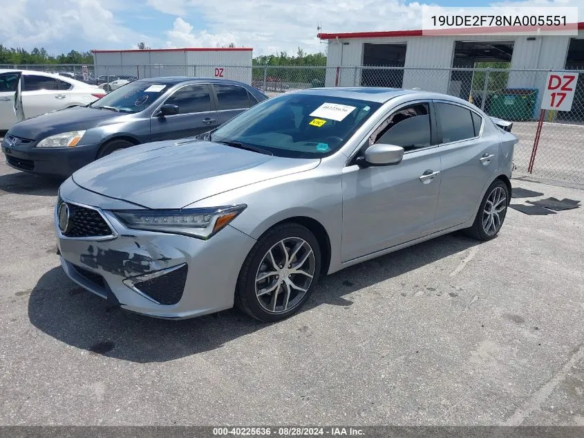 2022 Acura Ilx Premium Package VIN: 19UDE2F78NA005551 Lot: 40225636