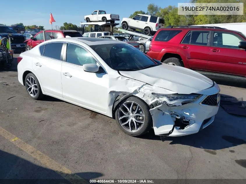 2022 Acura Ilx Premium Package VIN: 19UDE2F74NA002016 Lot: 40554436