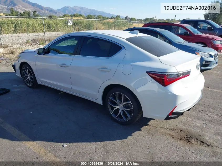 2022 Acura Ilx Premium Package VIN: 19UDE2F74NA002016 Lot: 40554436