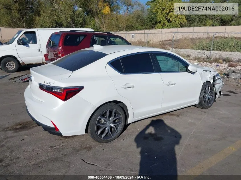 2022 Acura Ilx Premium Package VIN: 19UDE2F74NA002016 Lot: 40554436