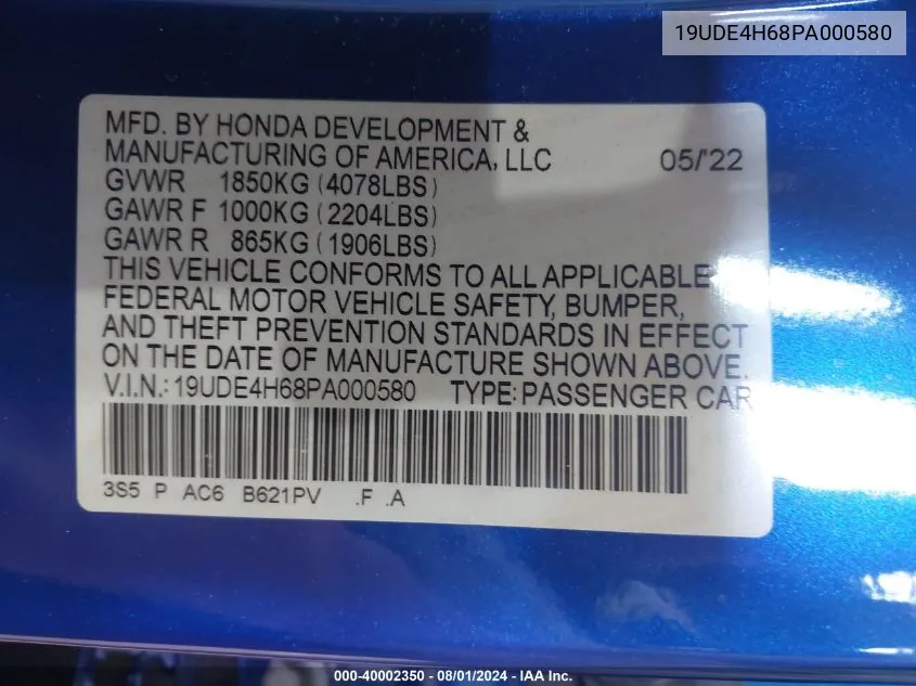 2023 Acura Integra A-Spec W/ Technology VIN: 19UDE4H68PA000580 Lot: 40002350