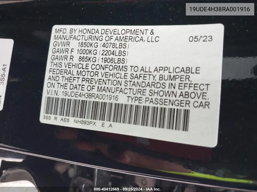 2024 Acura Integra A-Spec VIN: 19UDE4H38RA001916 Lot: 40412669