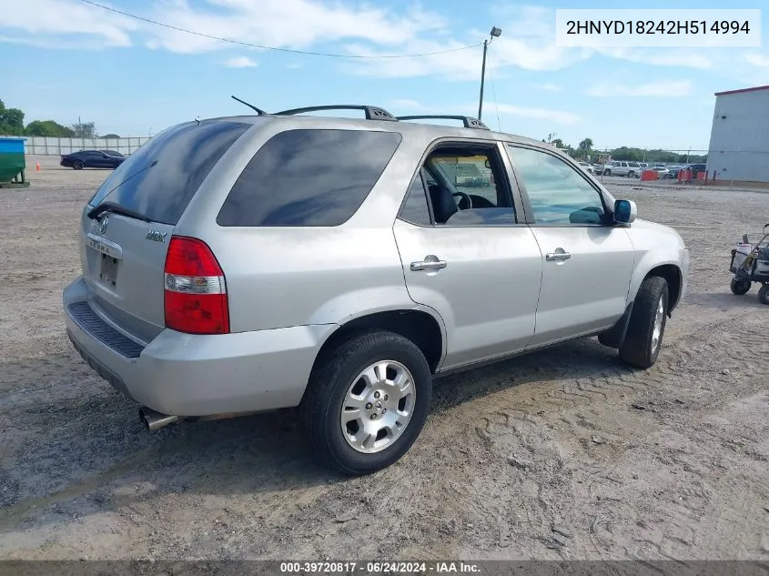 2002 Acura Mdx VIN: 2HNYD18242H514994 Lot: 39720817