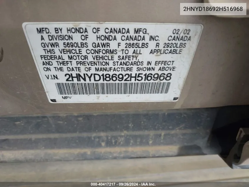 2HNYD18692H516968 2002 Acura Mdx