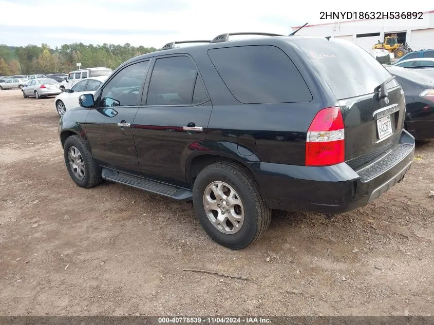 2002 Acura Mdx VIN: 2HNYD18632H536892 Lot: 40778539