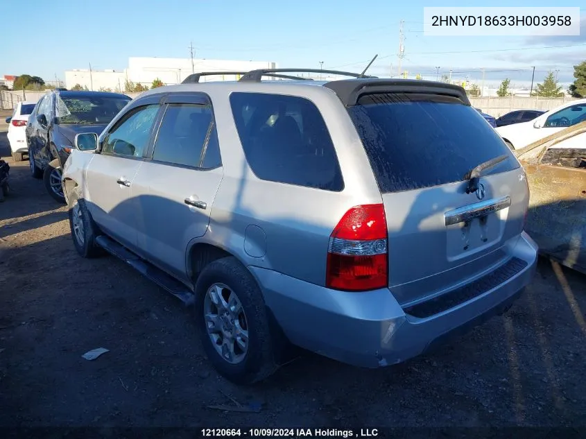 2003 Acura Mdx VIN: 2HNYD18633H003958 Lot: 12120664