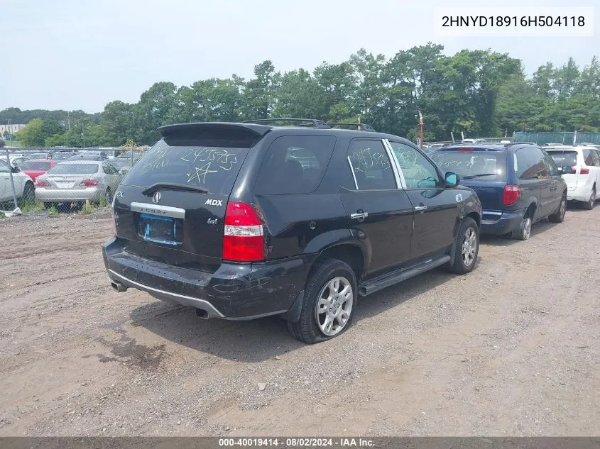 2006 Acura Mdx VIN: 2HNYD18916H504118 Lot: 40019414