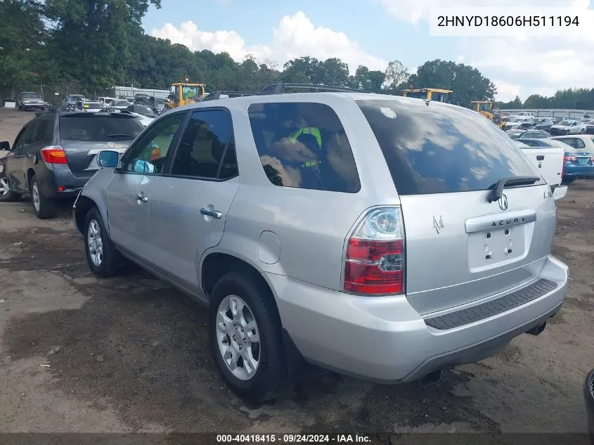 2006 Acura Mdx VIN: 2HNYD18606H511194 Lot: 40418415